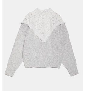 Zara Grey Knit Sweater with White Lace Yoke